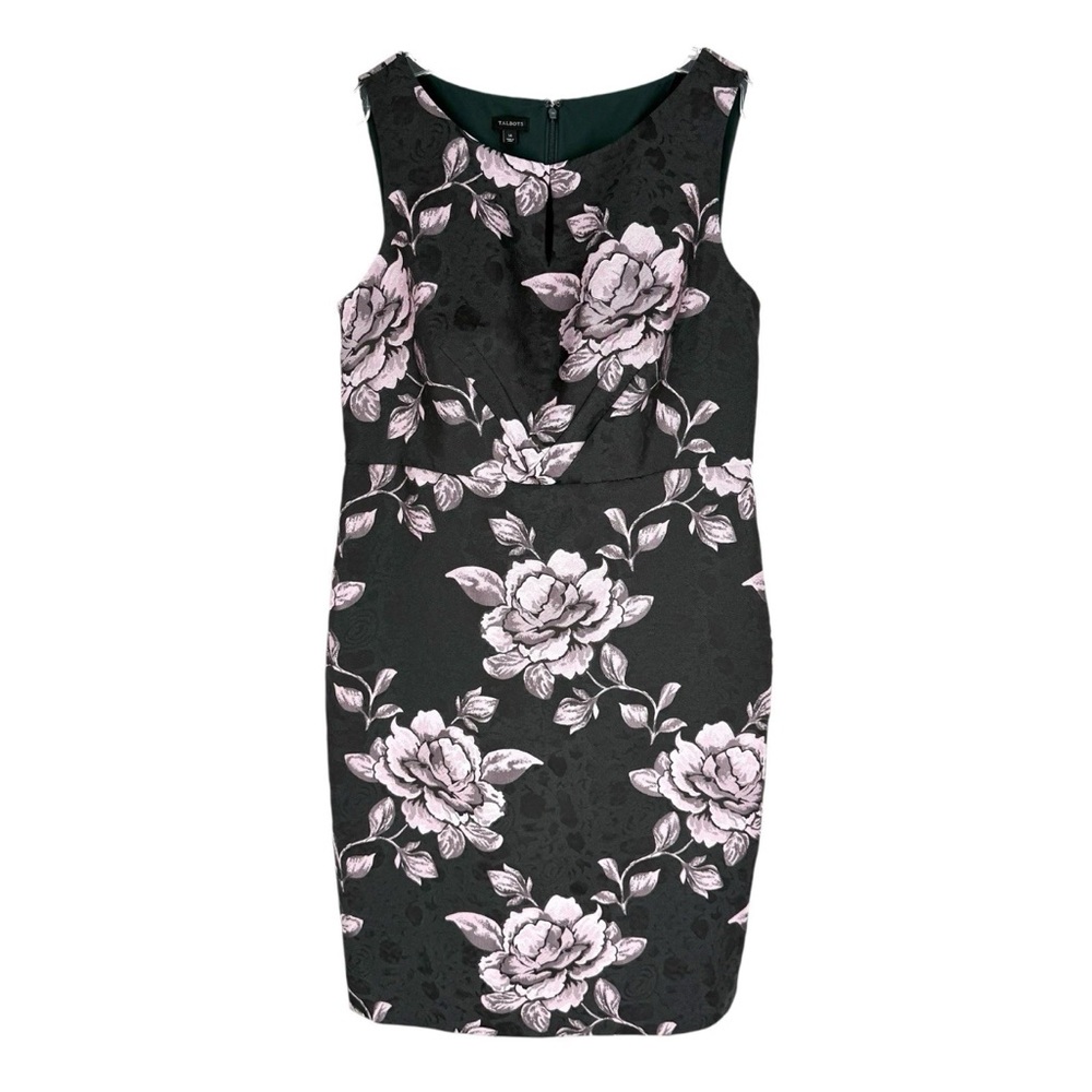 Talbots Sheath Dress Womens Size 14 Forest Green Lavender Floral Damask